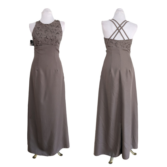 Vintage Bill Levkoff Prom Dress Maxi Gown Strappy Embroidered Taupe Brown 8 - Picture 1 of 9